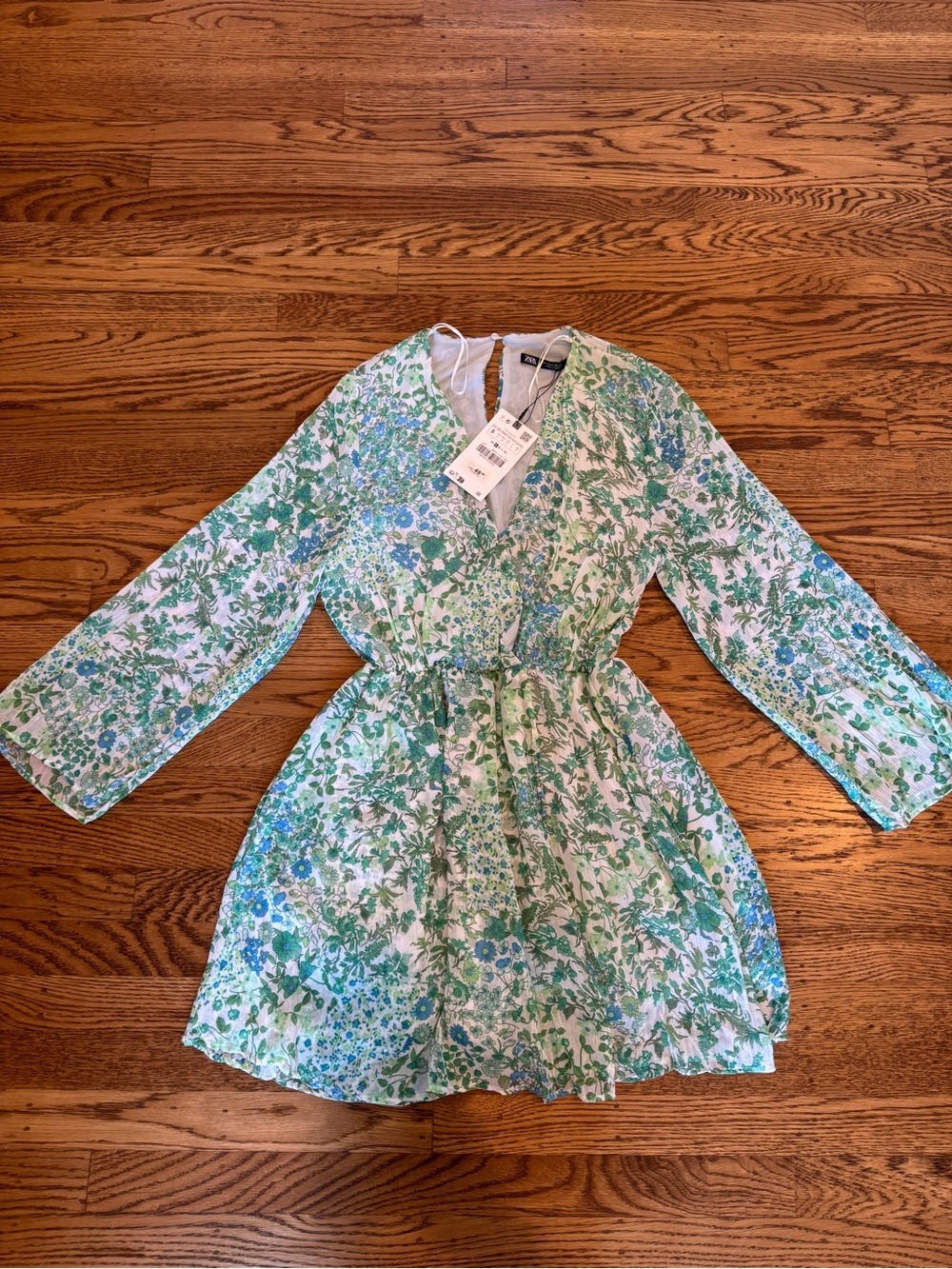 Zara Floral Green & Blue Long Sleeve Dress - NWT